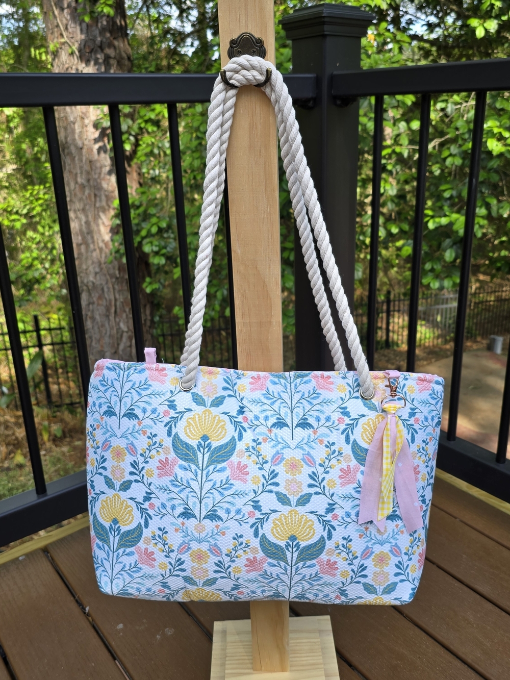 Floral Rope-Handle Tote in Blue, Yellow & Pink